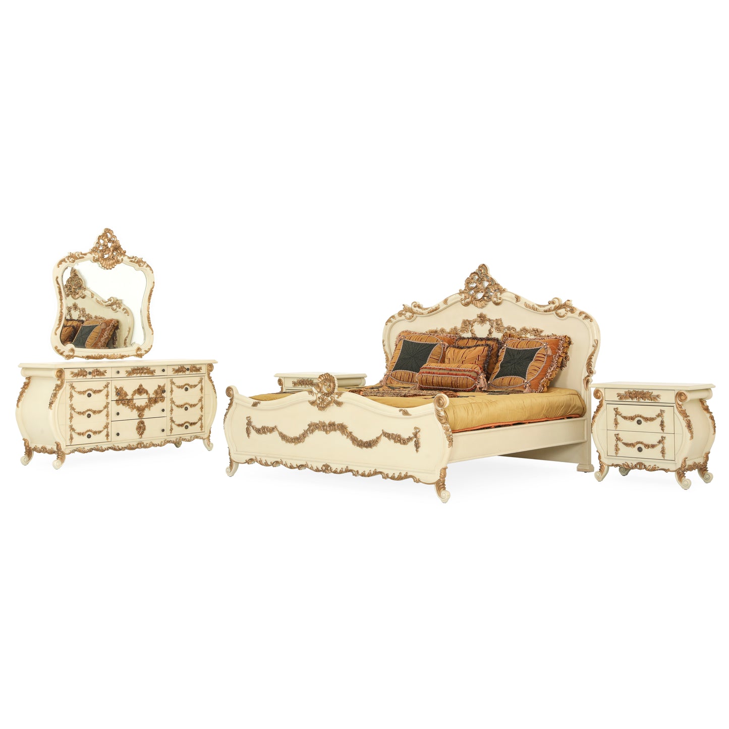 EMILE KING BED ROOM WITH ANTIQUE IVORY AND GOLD FINISH