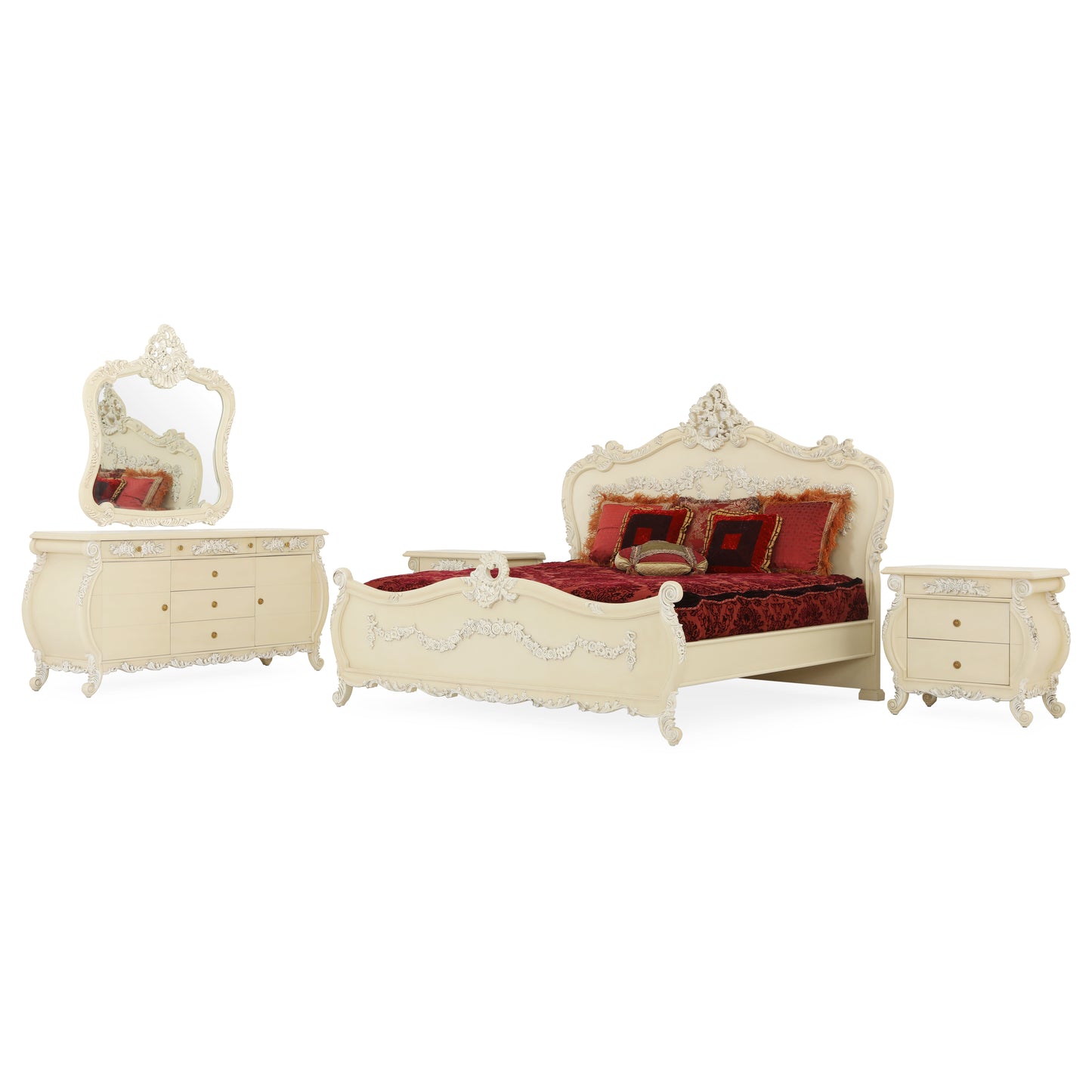 EMILE KING BED ROOM WHITE DISTRESSED ON CARVING