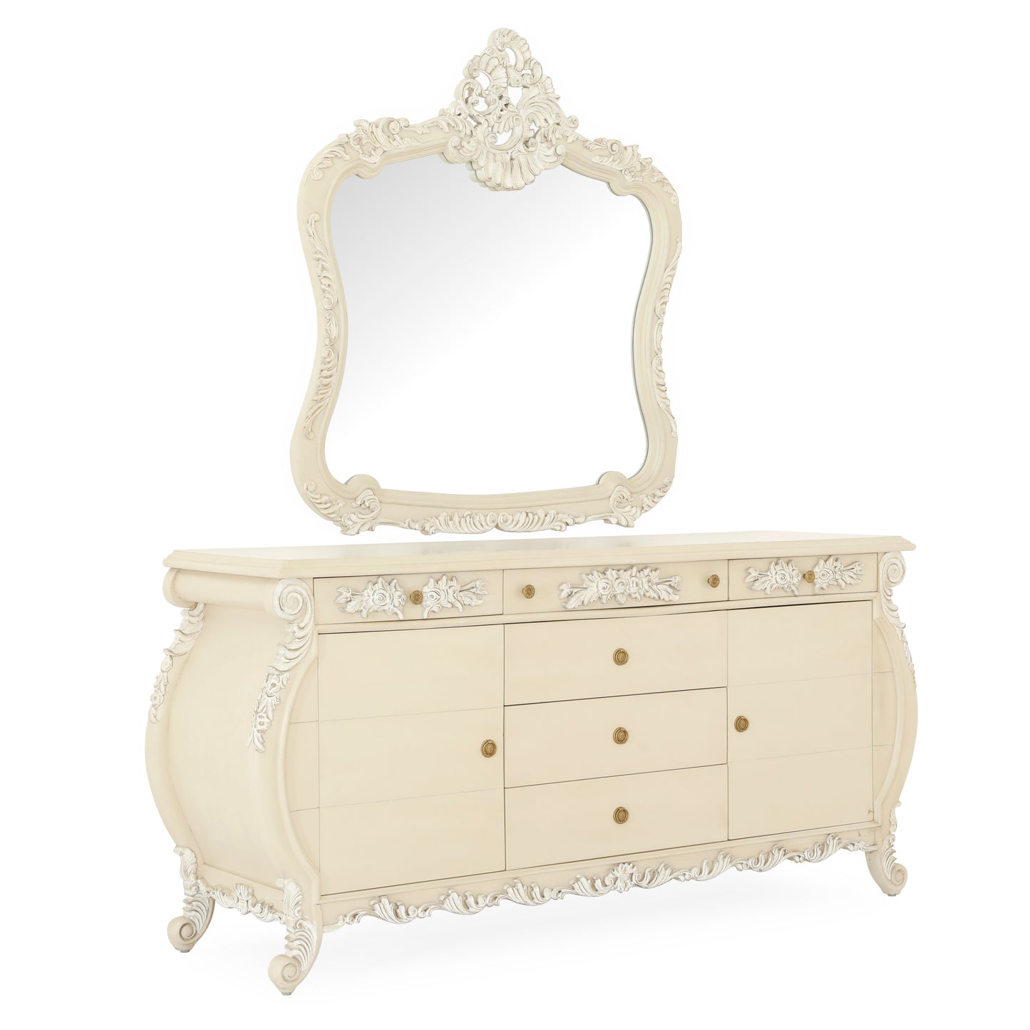 EMILE KING BED ROOM WHITE DISTRESSED ON CARVING