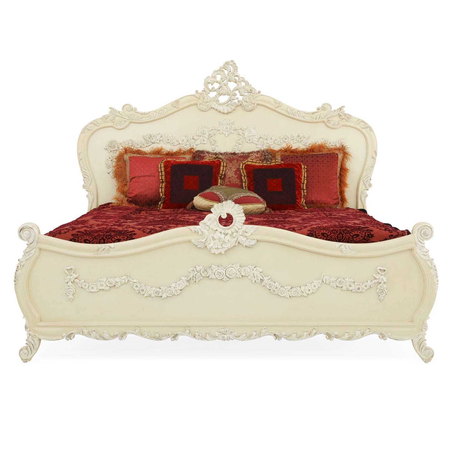 EMILE KING BED ROOM WHITE DISTRESSED ON CARVING