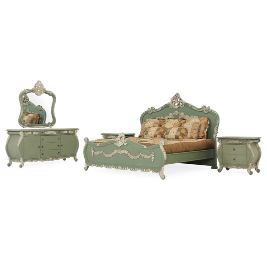 EMILE KING BED ROOM GREEN WITH ANCIENT CARVINGS