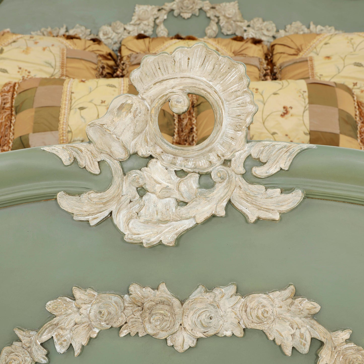 EMILE KING BED ROOM GREEN WITH ANCIENT CARVINGS