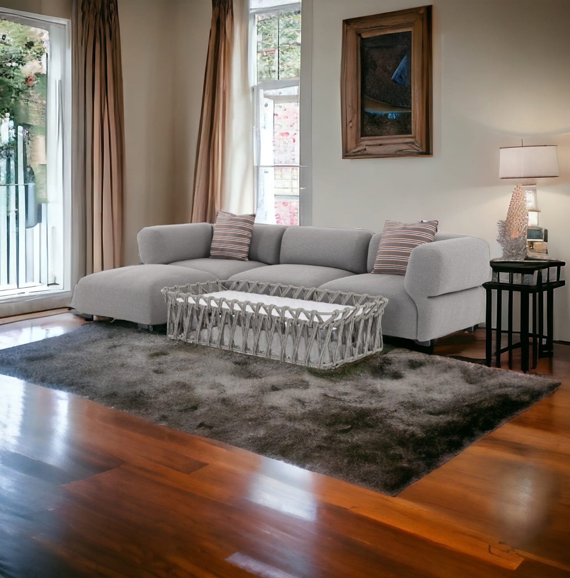 luxury living room with modern gray sofa