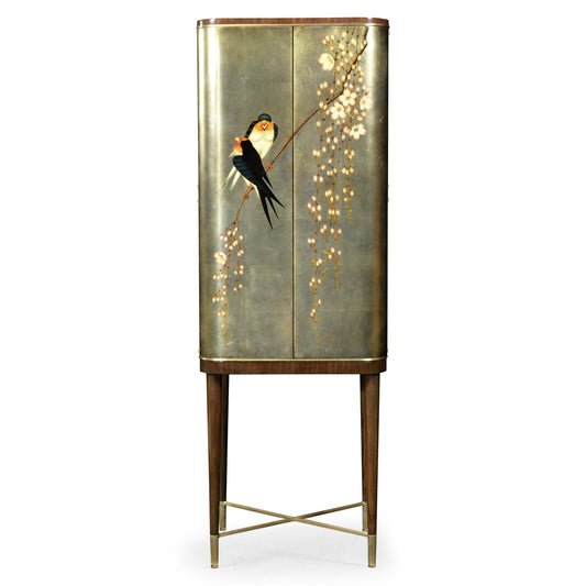 Handpainted Birds on Rich Walnut &amp; Light Gold Foil Drinks Cabinet | Jonathan Charles