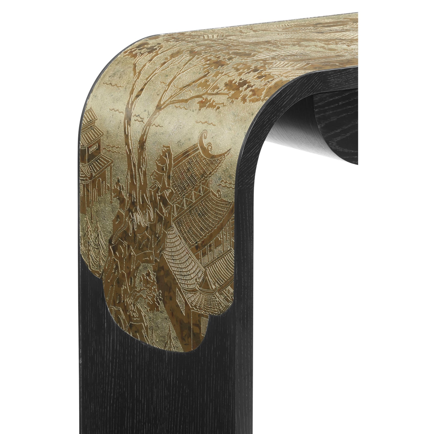 Curved Chinoiserie Style Antique Etched Brass & Ebonised Oak Console Table| Jonathan Charles