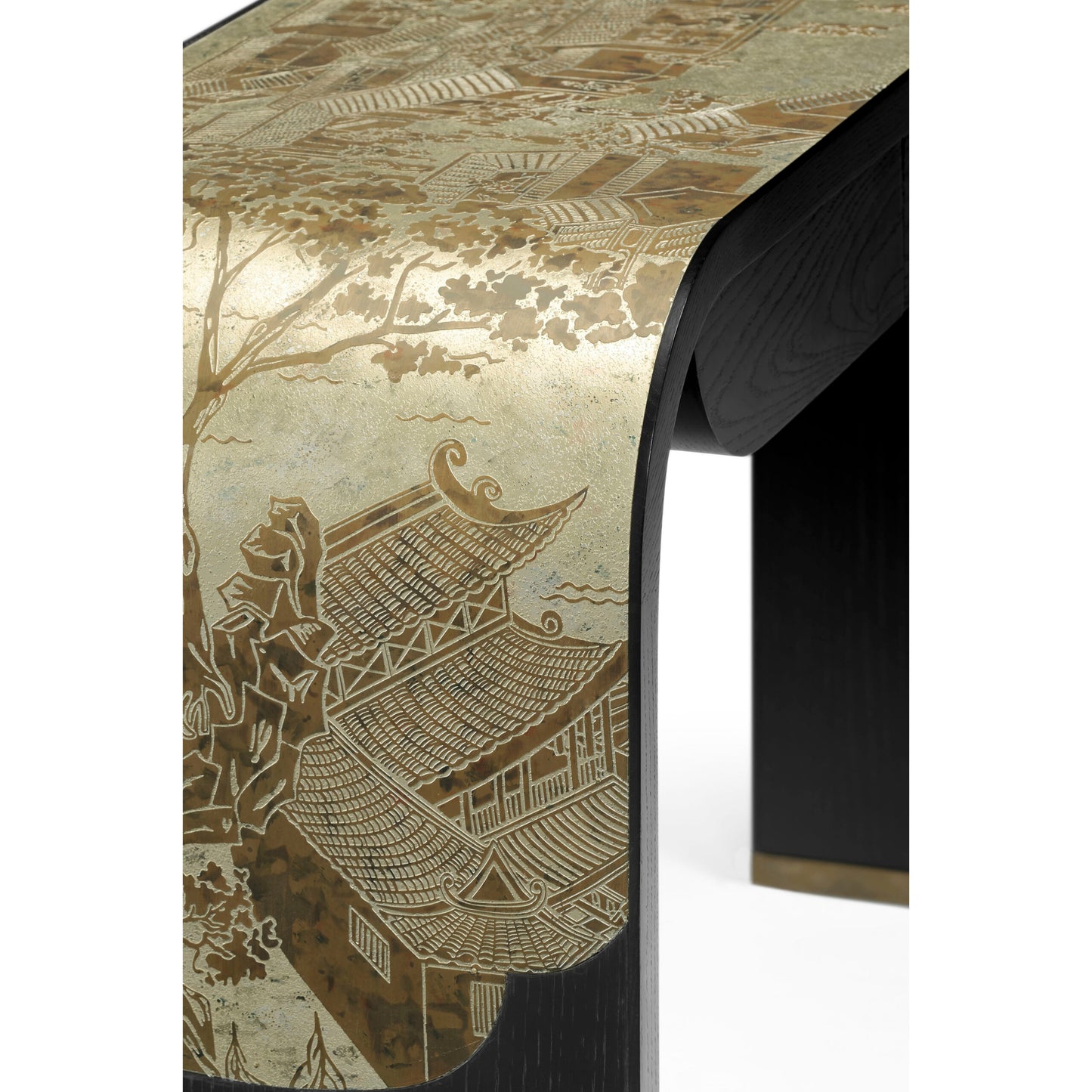 Curved Chinoiserie Style Antique Etched Brass & Ebonised Oak Console Table| Jonathan Charles