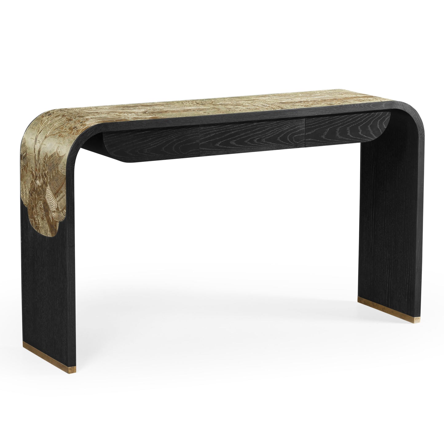 Curved Chinoiserie Style Antique Etched Brass & Ebonised Oak Console Table| Jonathan Charles