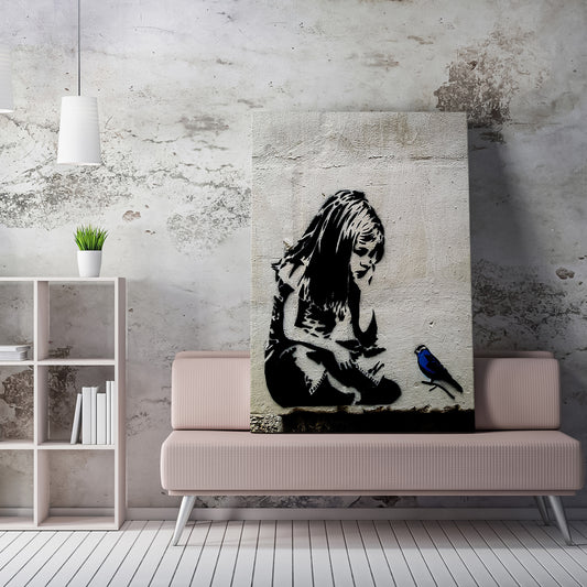 Baby Girl And Blue Bird Canvas Painting