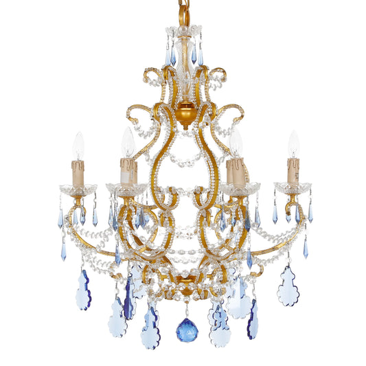 Chandelier Gold Leaf Finish With Blue Crystal | Decorative Lighting