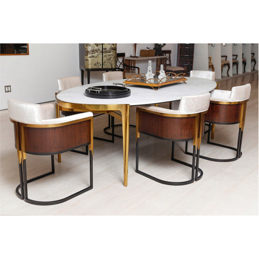 Oval Antique Satin Gold Brass &amp; White Calcutta Marble Dining (Set of 7) | Jonathan Charles